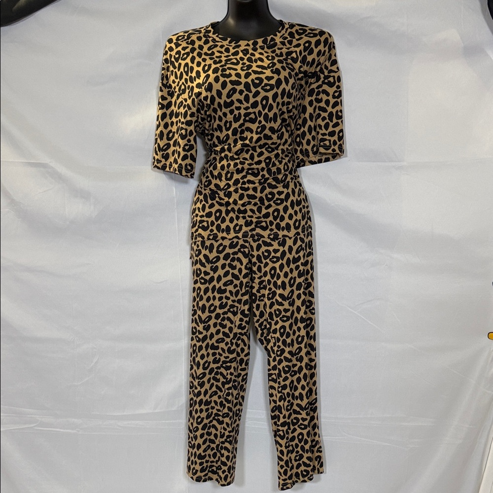 Leopard Print Short Sleeve Jumpsuit - Tan/Black